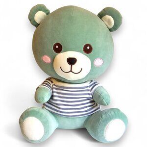 Ximivogue Bear Plush Stuffed Animal Green Striped Shirt Kawaii Squishy Soft 15"
